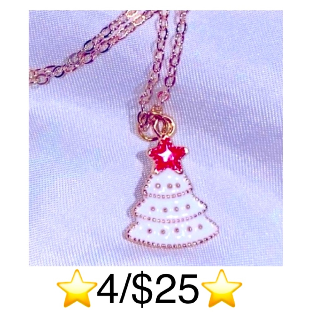 Christmas Tree Necklace on 23” Brass Lobster Clasp Chain, red white gold tone
